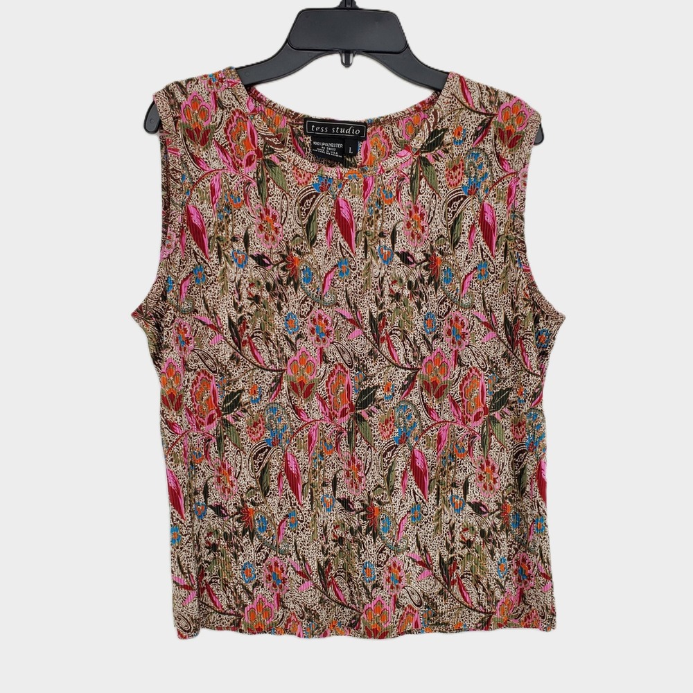 Tess Studio Vintage Pleated Sleeveless Blouse‎ Floral Paisley Animal Print Large
